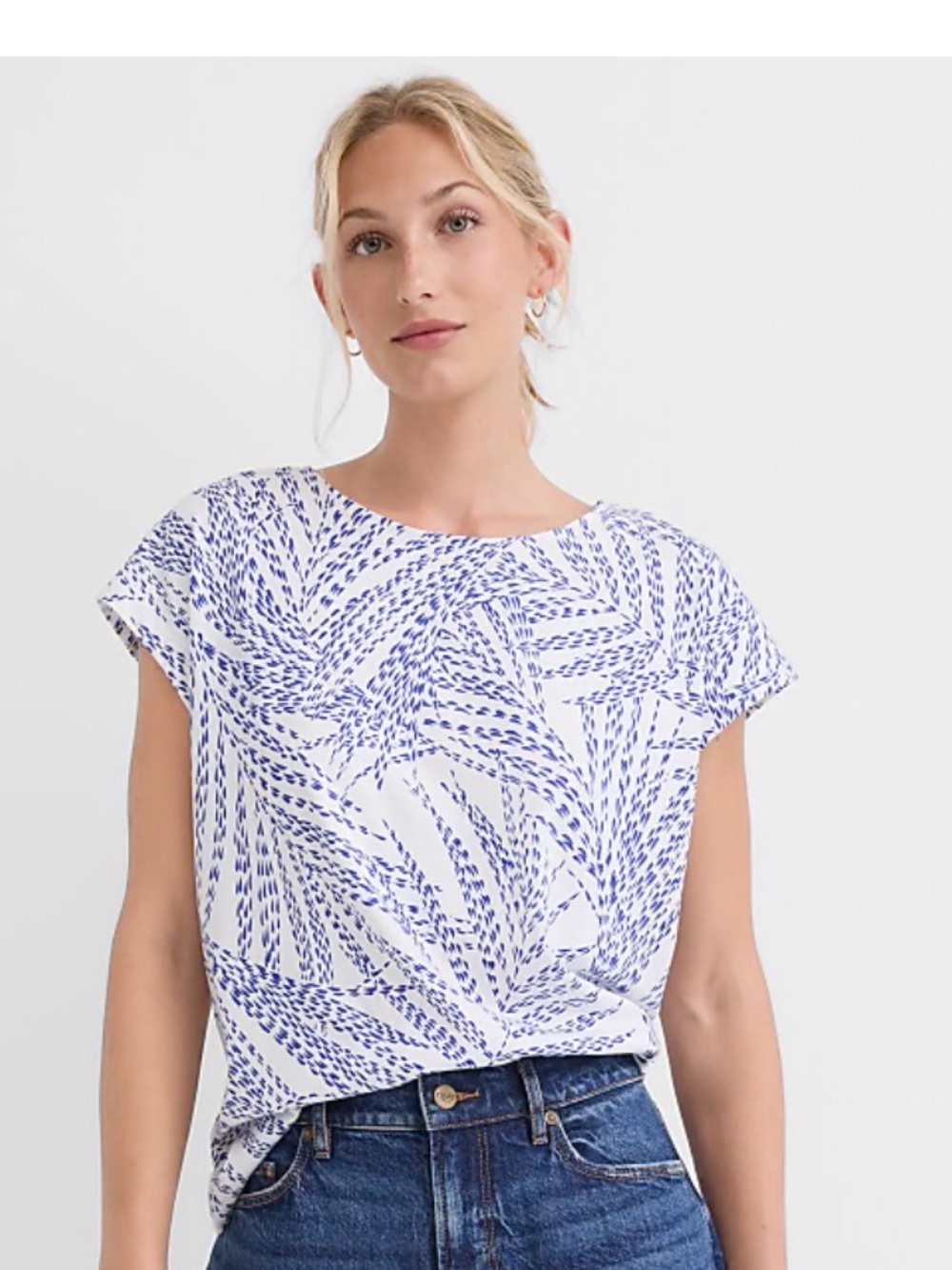 LOFT White Top with Blue Abstract Print